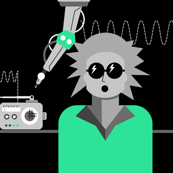 Eine Illustration eines Roboters, der an einem Radio herumschraubt und ein überraschter Mensch als Animation.